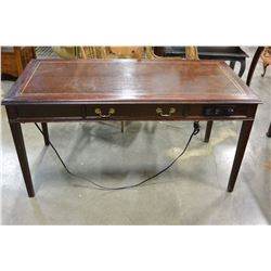 2 DRAWER DARK MAHOGANY TABLE WITH LEATHER INSERT AND OUTLETS