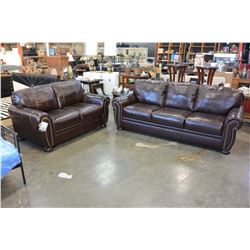 BRAND NEW ASHLEY BROWN STITCHED LEATHER SOFA AND LOVESEAT WITH NAILHEAD ACCENT, RETAIL $5,999