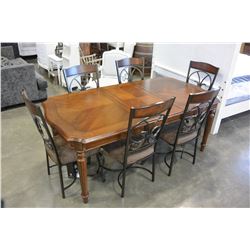 ASHLEY DARK FINISH DINING TABLE WITH 2 EXTENSIONS AND 6 UPHOLSTERED DINING CHAIRS, RETAIL $2699