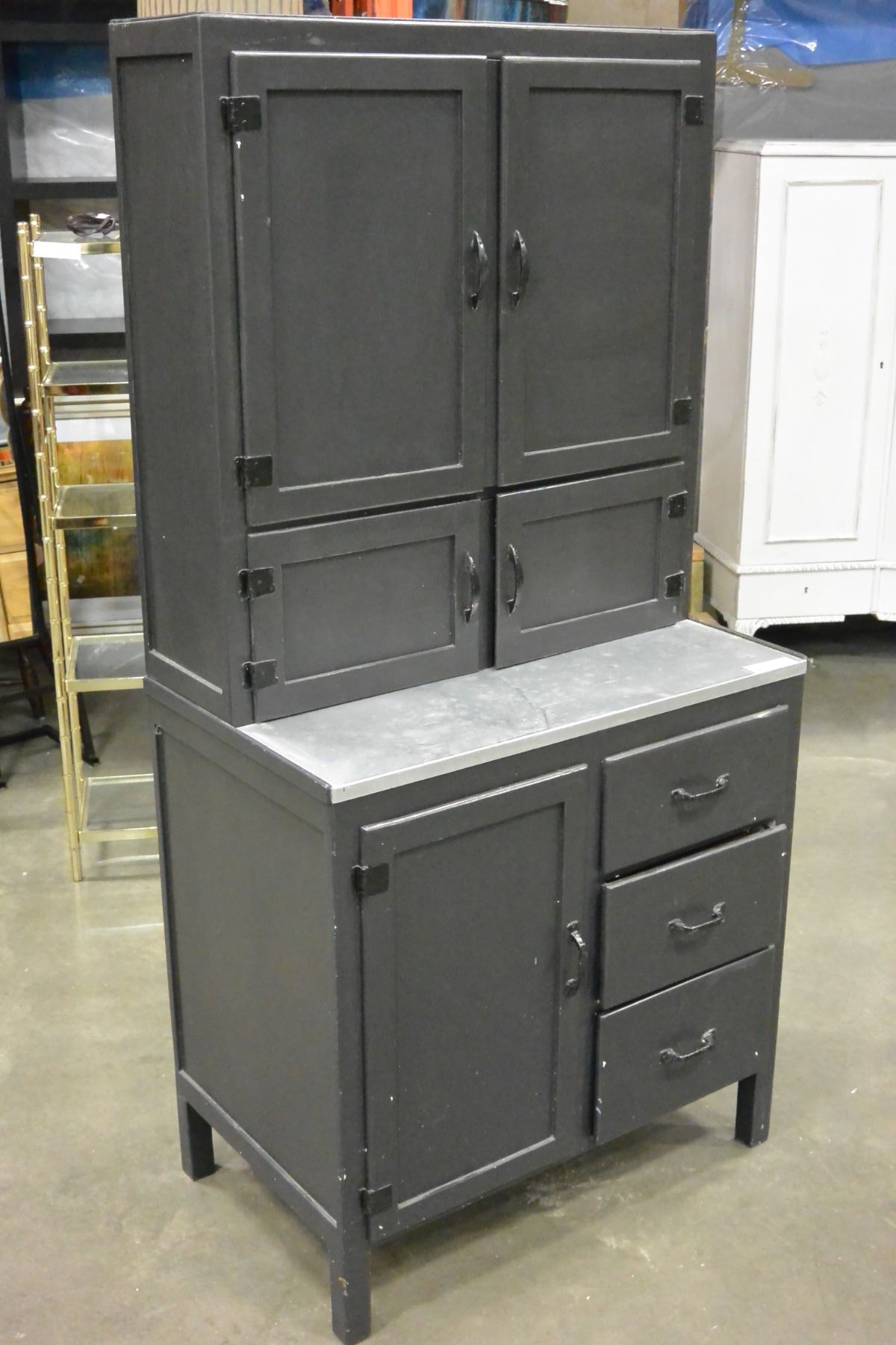 BLACK PAINTED ANTIQUE HOOSIER KITCHEN CABINET