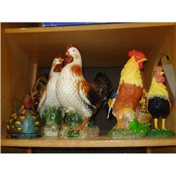 SHELF LOT OF DECORATIVE CHICKENS