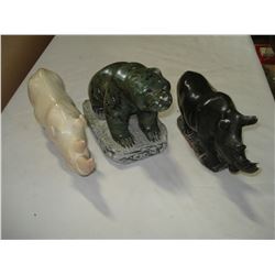 3 STONE FIGURES BEAR AND 2 RHINOS