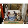 Image 1 : METAL CHICKEN FIGURE, POTTERY CROCK, OIL LAMP, CANDLE STICK AND PITCHER