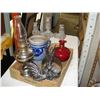 Image 2 : METAL CHICKEN FIGURE, POTTERY CROCK, OIL LAMP, CANDLE STICK AND PITCHER