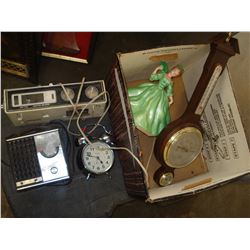 BOX OF CLOCKS, BAROMETER AND RADIO