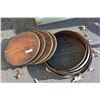 Image 1 : FOUR ANTIQUE WOOD BARRELL LIDS AND LOT OF BARRELL RINGS