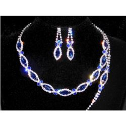 3PC Royal Blue, Clear Rhinestones Necklace, Earrings & Bracelet Set