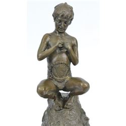 Bronze Fisherman Nude Boy Fish Sculpture Statue French Home Cabin Decoration Art