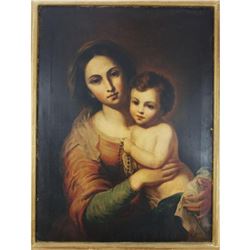 19thc Madonna & Child, Chromolithograph on Canvas