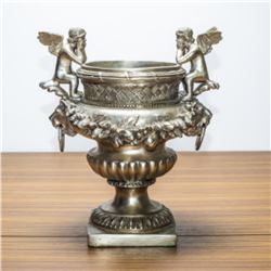 Antique Silver Cherub Urn With Lion Handles C. 19th Century