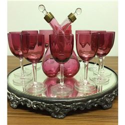 Cranberry Glass Wine Set With Decanter and Cut Glass Mirror Serving Platter