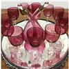 Image 2 : Cranberry Glass Wine Set With Decanter and Cut Glass Mirror Serving Platter