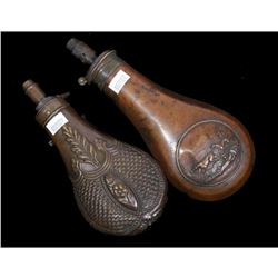 Fine Rare Pair of Mid 19thc Brass & Copper James Dixon & Sons Black Powder Flasks