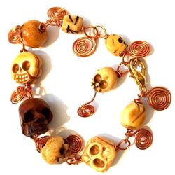Hand-carved Skull Bead & Copper Wire Bracelet