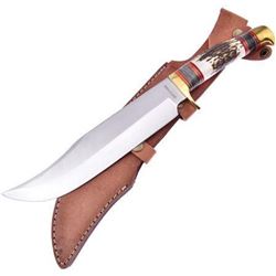 Trophy Bowie Fixed Blade Knife with Standard Edge Stainless Clip Point Blade & Stag Handles