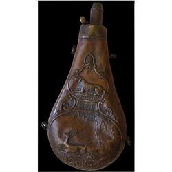 Vintage G & J.W. Hawksley Powder Flask English Brass Beautiful Hunting Scene