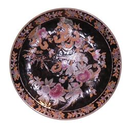 Vintage Oriental Charger Birds Flowers Vines black gold painted highlight 12.5"