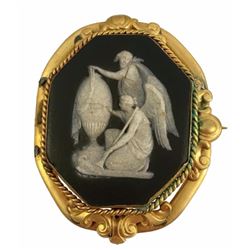 19thc Victorian Black Wedgewood Mourning Cameo Gold Brooch