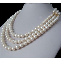 3 Row Strands Natural 9-8mm Akoya White Pearl Necklace