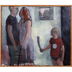 Paly, Parents and Child with Toy Sword, Oil Painting