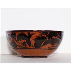 Red Bowl with Black Feather Pattern, Ceramic Bowl with Red and Black Glazing