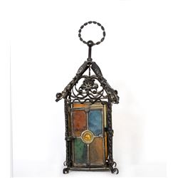 Lantern, Stained Glass Lantern with Iron Filigree