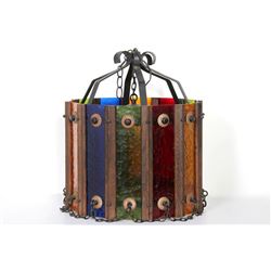 Hanging Multi-Color Lamp Fixture, Colored Glass and Painted Metal
