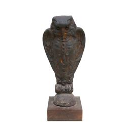 Owl, Cast Iron Fence Finial with Glass Eyes on Wood Base