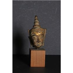 Thai Goddess Head, Carved Stone with Gold affixed to Wood Base