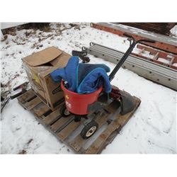 Pallet w/2 Echo weed whips, 2 lawnmower chutes, motor & fertilizer spreader