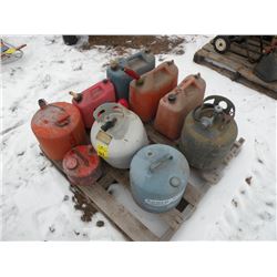 Pallet of gas cans & 20 lb propane tank