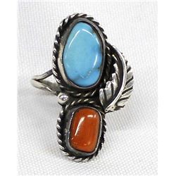 Vintage Navajo Sterling Turquoise Coral Ring, Sz 9