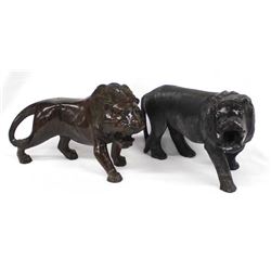 2 African Carved Wood Lion Sculptures