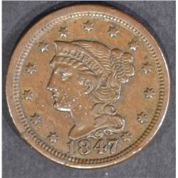 1847/7 LARGE CENT  XF/AU