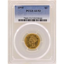 1854 $3 Indian Princess Head Gold Coin PCGS AU53