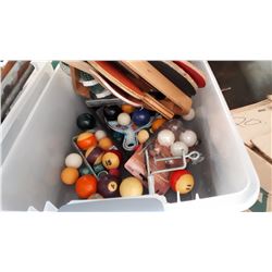 TOTE OF PING PONG PADDLES BALLS AND NET