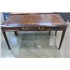 Image 1 : 2 DRAWER DARK MAHOGANY TABLE WITH LEATHER INSERT AND OUTLETS