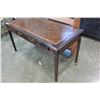 Image 2 : 2 DRAWER DARK MAHOGANY TABLE WITH LEATHER INSERT AND OUTLETS