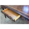 Image 3 : 2 DRAWER DARK MAHOGANY TABLE WITH LEATHER INSERT AND OUTLETS