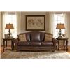 Image 1 : BRAND NEW ASHLEY SIGNATURE BROWN STITCHED LEATHER SOFA AND LOVESEAT, WITH CARVED WOOD FRAME, RETAIL 