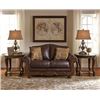 Image 2 : BRAND NEW ASHLEY SIGNATURE BROWN STITCHED LEATHER SOFA AND LOVESEAT, WITH CARVED WOOD FRAME, RETAIL 