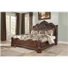 Image 1 : BRAND NEW ASHLEY SIGNATURE KINGSIZE BEDFRAME, DARK FINISH, CARVED WITH TUFTED BROWN LEATHER, RETAIL 