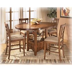 ASHLEY OAK BAR HEIGHT DINING TABLE WITH EXTENSION, AND 4 UPHOLSTERED STOOLS, RETAIL $2699