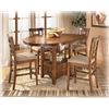 Image 1 : ASHLEY OAK BAR HEIGHT DINING TABLE WITH EXTENSION, AND 4 UPHOLSTERED STOOLS, RETAIL $2699