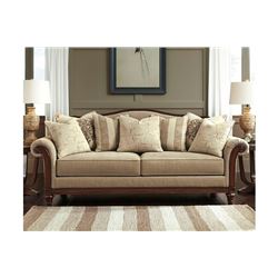 BRAND NEW ASHLEY SIGNATURE SOFA WITH DOWN FILLED CUSHIONS AND WOOD TRIM, THROW PILLOWS, RETAIL $2899
