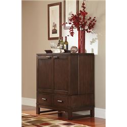 BRAND NEW ASHLEY DARK FINISH 2 DOOR BAR CABINET, SERVER, WITH GLASS SHELF, RETAIL $2699