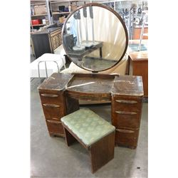 BURLED WALNUT VANITY WITH MIRROR AND STOOL