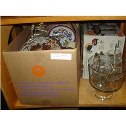 BOX OF HOUSEHOLD GOODS AND GLASS DESSERT SET