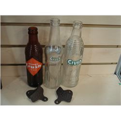 THREE VINTAGE ORANGE CRUSH BOTTLES AND COKE BOTTLE OPENERS
