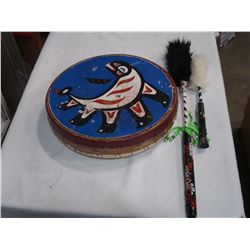 NATIVE DRUM AND 2 HANDLES